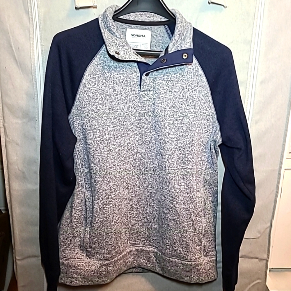 Sonoma Mens Large Sweater 1/4 Snap Front Long Sleeve Heather Gray & Blue